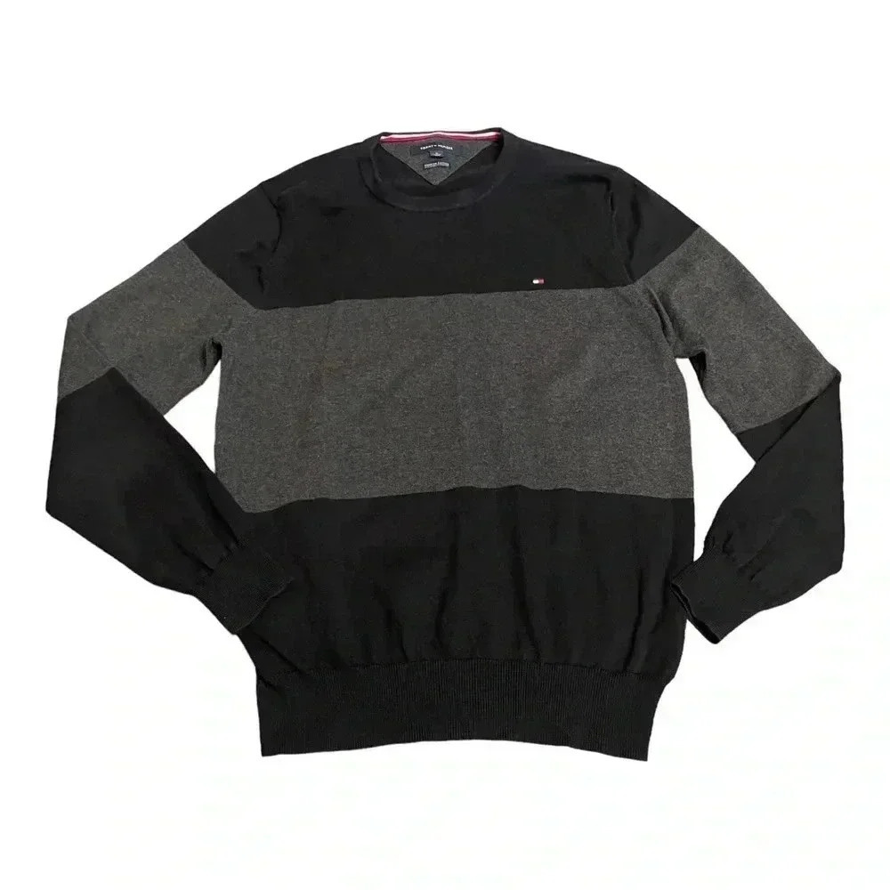 Tommy Hilfiger Cotton Crewneck Black Gray Preppy Light Sweater Men’s size M